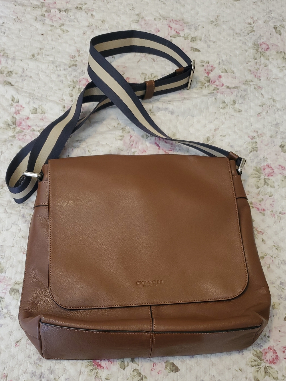 Coach Tan Leather Messenger Bag with Navy & Cream Striped Strap